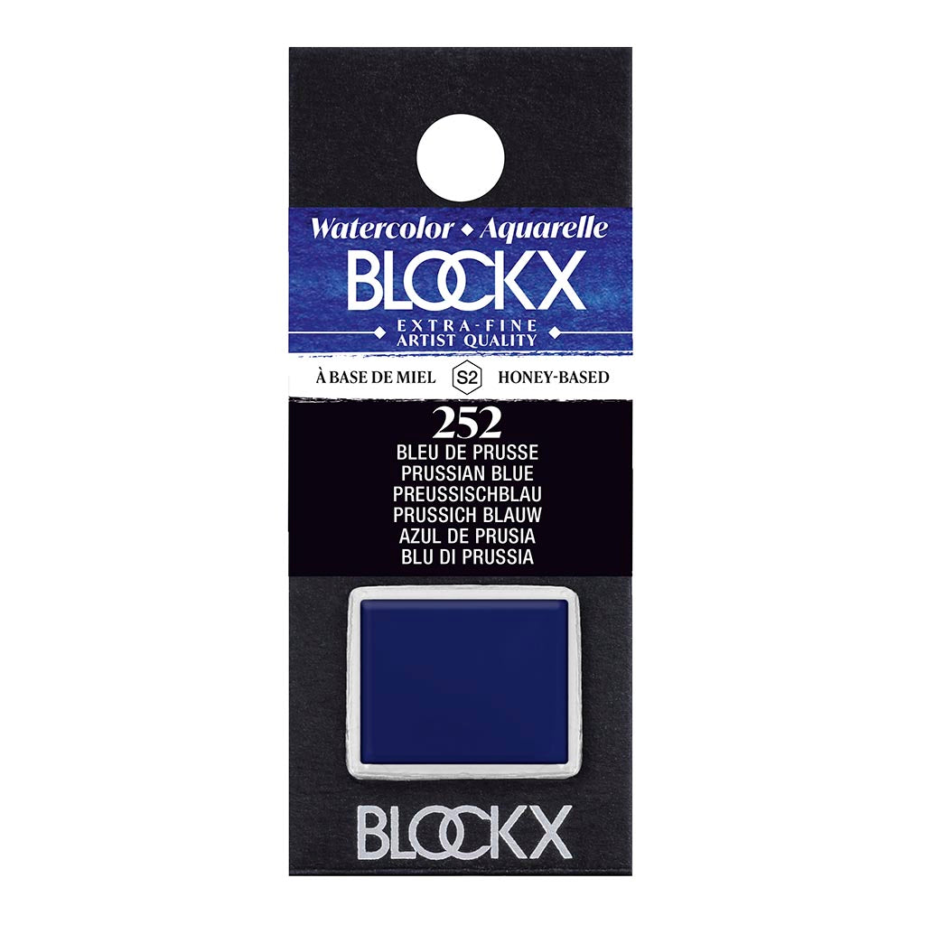 Vibrant BLOCKX Watercolour Half Pan S2 252 Prussian Blue, crafted with light-resistant pigments for rich, semi-transparent hues.
