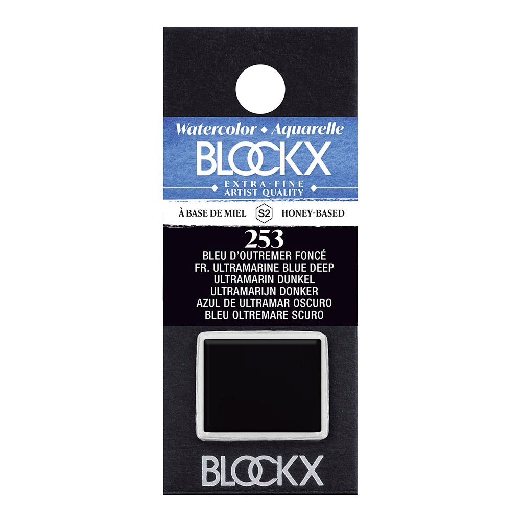 BLOCKX Watercolour Half Pan S2 253 Ultramarine Deep Blue, a vibrant, handcrafted pigment ideal for layering and blending in art.