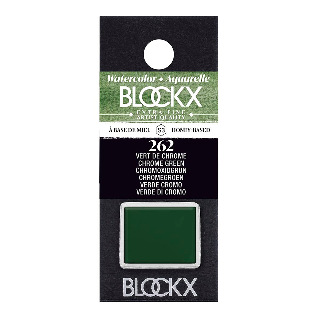 BLOCKX Watercolour Half Pan S3 262 Chrome Green, featuring light-resistant pigments for vibrant, opaque color in a handmade half pan.