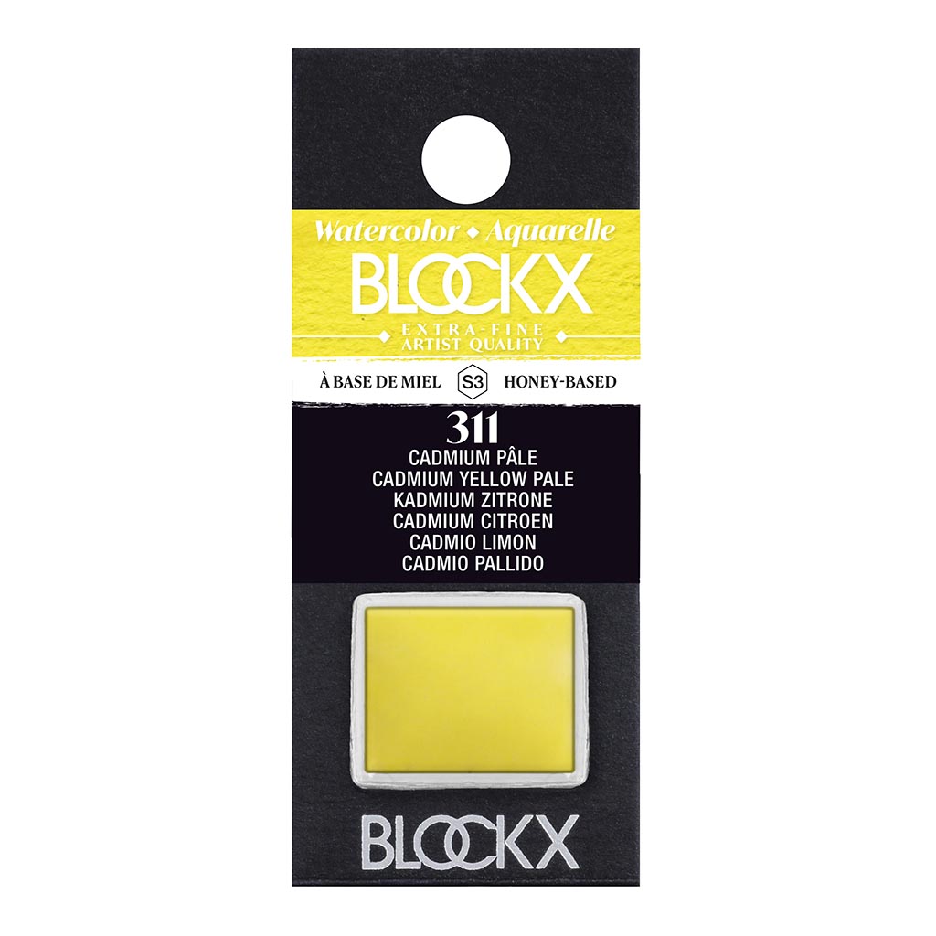 BLOCKX Watercolour Half Pan S3 311 Pale Cadmium Yellow, a lightfast, opaque yellow pigment for vibrant artistic expression.