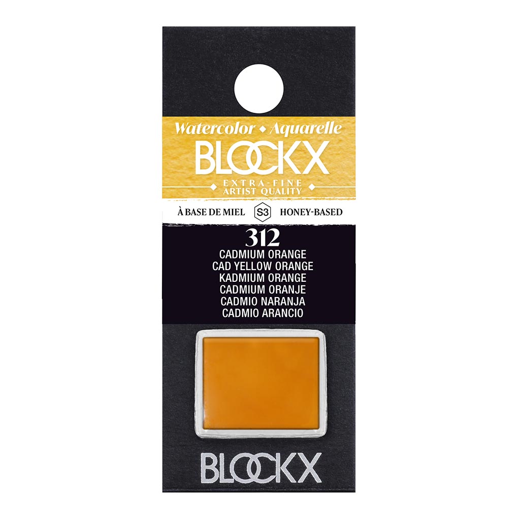 BLOCKX Watercolour Half Pan S3 312 Cadmium Yellow Orange offering vibrant, lightfast pigments for stunning watercolor artworks.