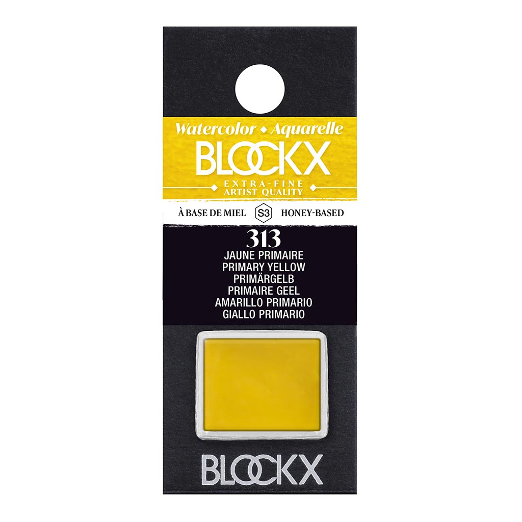 Vibrant BLOCKX Watercolour Half Pan S3 313 Primary Yellow, featuring light-resistant pigments for brilliant and fluid paint application.