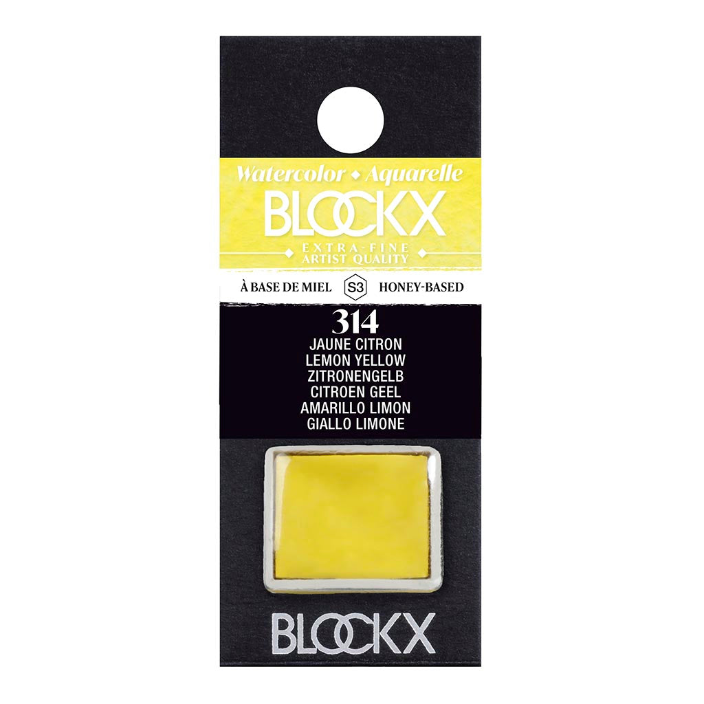 BLOCKX Watercolour Half Pan S3 314 Lemon Yellow showcasing vibrant, light-resistant pigment for artists seeking brilliance and durability.
