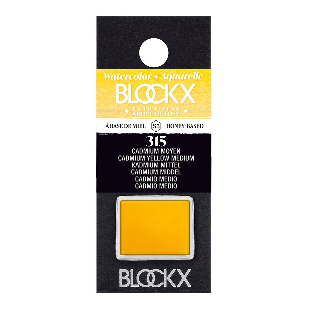 BLOCKX Watercolour Half Pan S3 315 Medium Cadmium Yellow, featuring bright, light-resistant pigments for vibrant, lasting color.