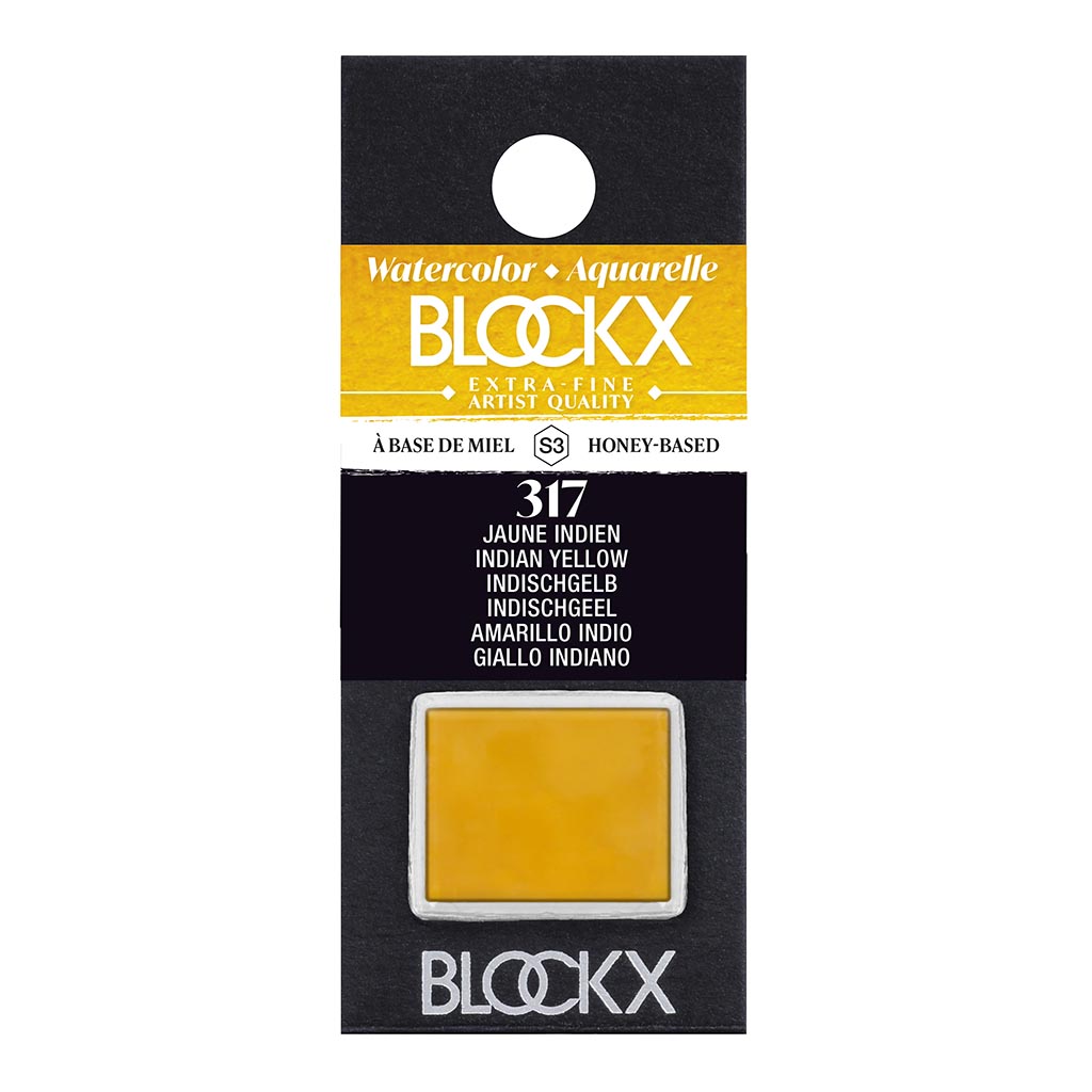 Vibrant BLOCKX Watercolour Half Pan S3 317 Indian Yellow, made with light-resistant pigments for exceptional luminosity.