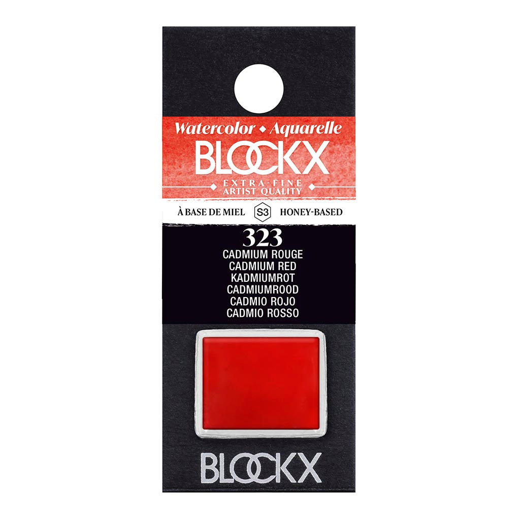 BLOCKX Watercolour Half Pan S3 323 Cadmium Red, featuring vibrant, lightfast pigments for stunning watercolor art.