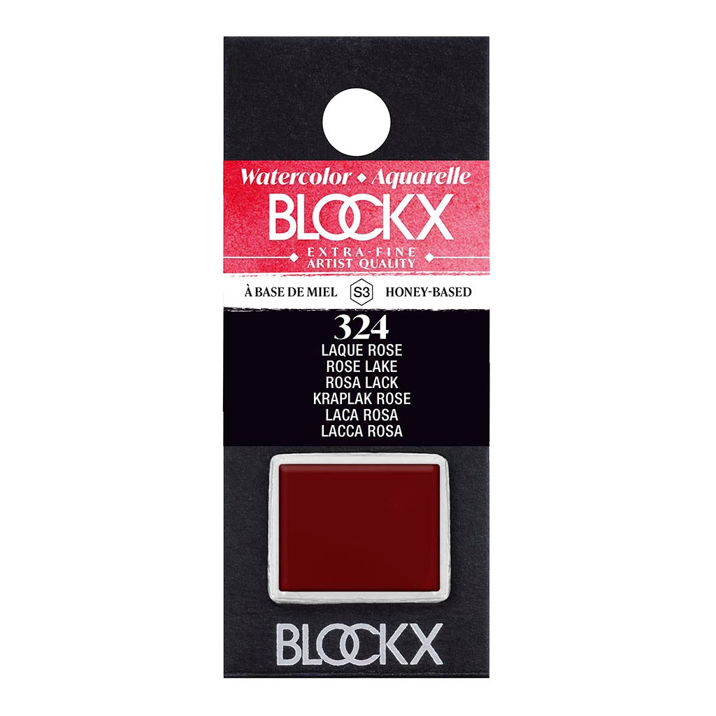 BLOCKX Watercolour Half Pan S3 324 Rose Lake, vibrant pink pigment, light-resistant, ideal for blending in art projects.