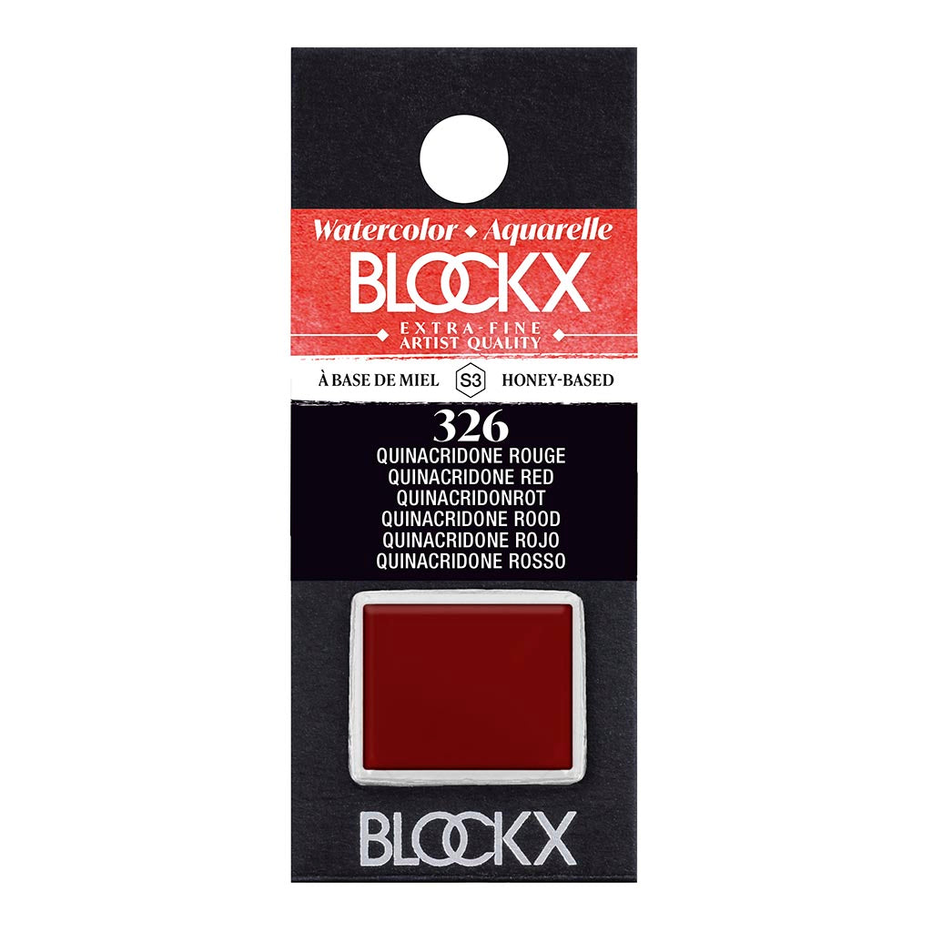 BLOCKX Watercolour Half Pan S3 326 Quinacridone Red; vibrant, transparent red pigment for depth in watercolor art.