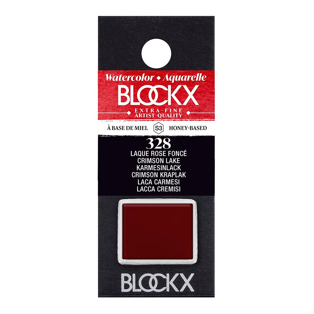 BLOCKX Watercolour Half Pan S3 328 Crimson Lake features brilliant semi-transparent crimson tones, crafted with light-resistant pigments.