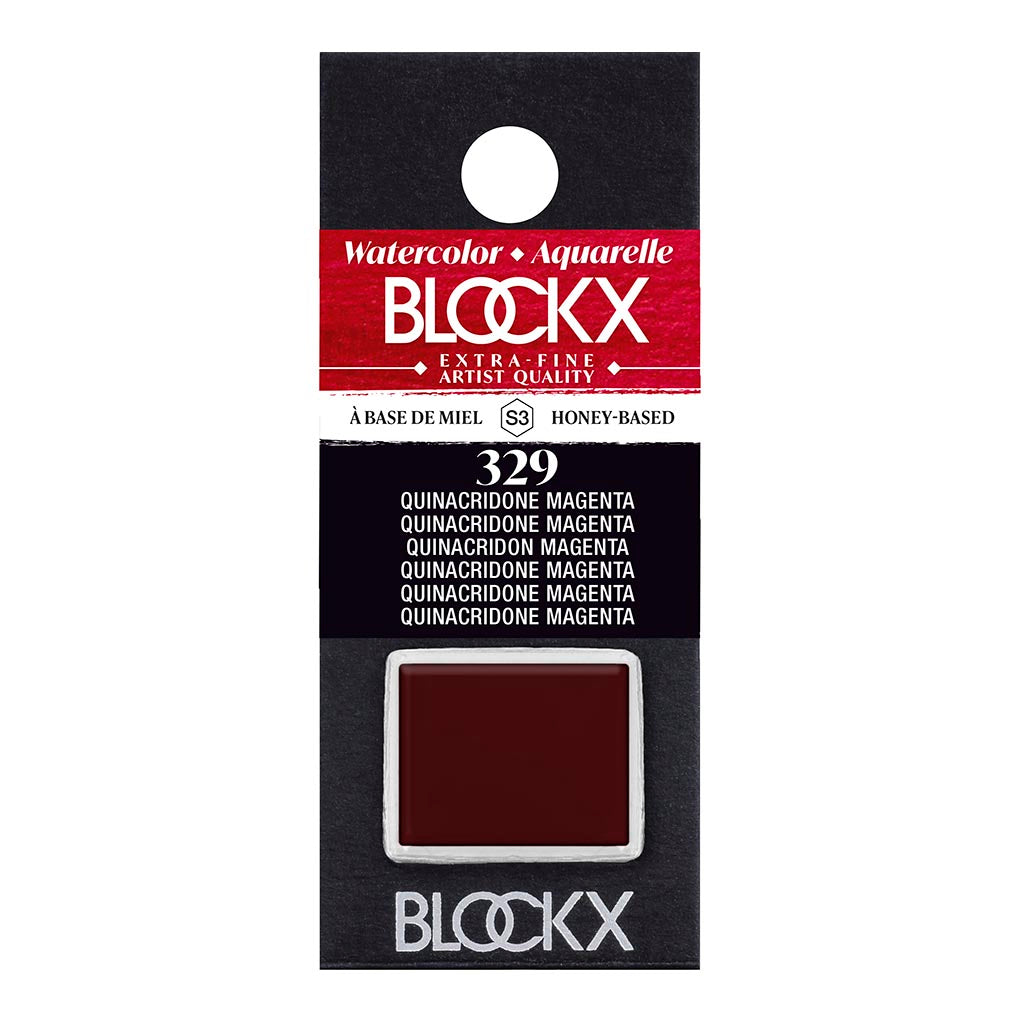 BLOCKX Watercolour Half Pan S3 329 in Quinacridone Magenta offers vibrant, transparent color ideal for artists seeking luminosity.