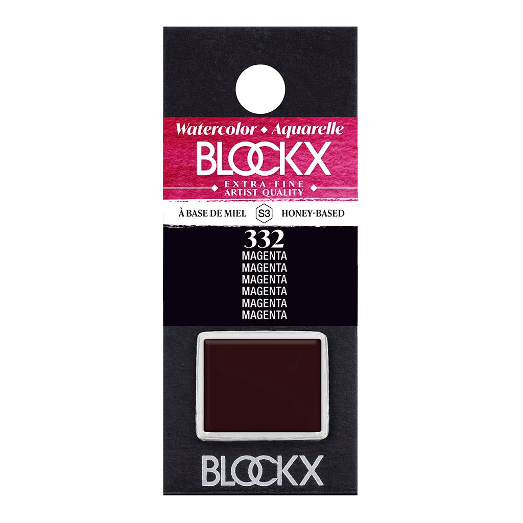 Vibrant BLOCKX Watercolour Half Pan S3 332 Magenta, featuring light-resistant PV19 pigment for stunning watercolour effects.