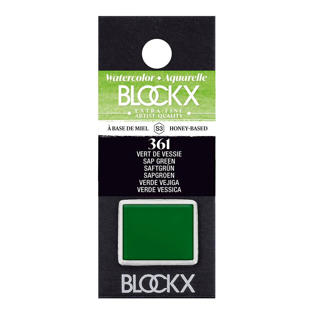 BLOCKX Watercolour Half Pan S3 361 Sap Green: vibrant, light-resistant pigment ideal for landscapes and botanical art.