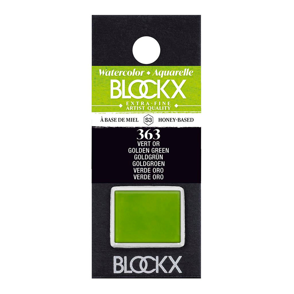 BLOCKX Watercolour Half Pan S3 363 Golden Green, vibrant, light-resistant, and finely ground for rich, luminous artwork.