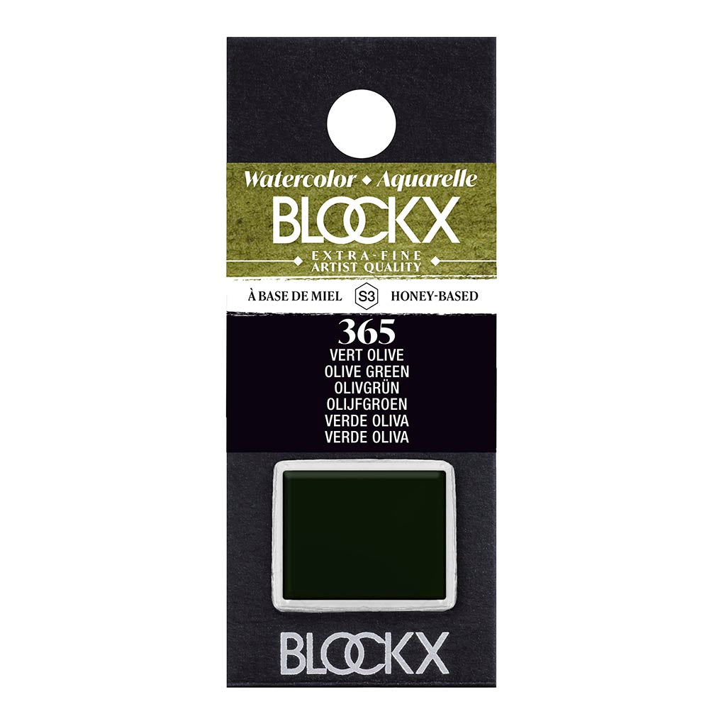 BLOCKX Watercolour Half Pan S3 365 Olive Green, handcrafted in Belgium, offers vibrant, light-resistant color for artists.