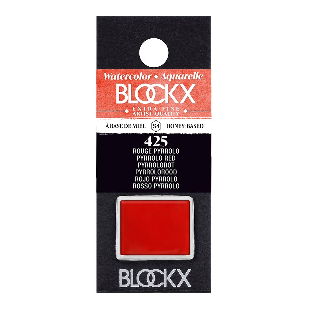 BLOCKX Watercolour Half Pan S4 425 Pyrrolo Red: vibrant, light-resistant red pigment ideal for rich tones and delicate washes.