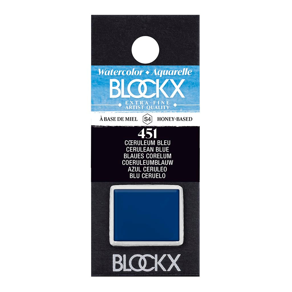 BLOCKX Watercolour Half Pan S4 451 Cerulean Blue, vibrant semi-opaque pigment, handmade in Belgium, ideal for versatile artistic use.