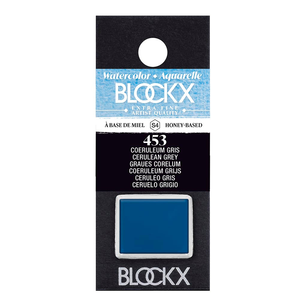 BLOCKX Watercolour Half Pan S4 453 Cerulean Grey, featuring light-resistant pigments for vibrant, semi-opaque blending in artwork.