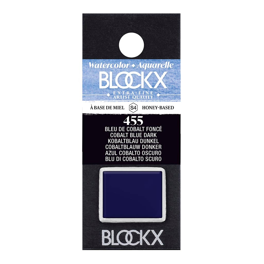 BLOCKX Watercolour Half Pan S4 455 Cobalt Blue Dark, featuring vibrant, light-resistant pigment for stunning artwork.