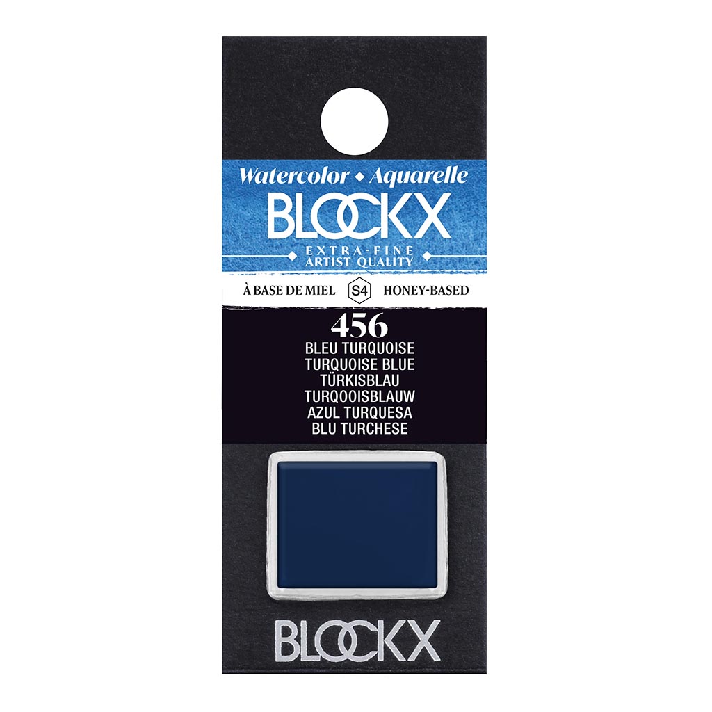 Vibrant BLOCKX Watercolour Half Pan S4 456 Turquoise Blue, handmade in Belgium, featuring light-resistant, semi-opaque pigments.