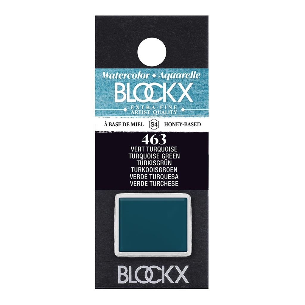 Vibrant BLOCKX Watercolour Half Pan S4 463 Turquoise Green, known for its clarity, luminosity, and fine, light-resistant pigments.