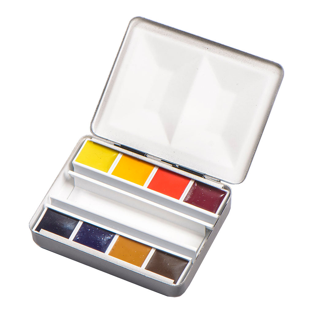 BLOCKX Watercolour Half Pan Bijou Box 8 Set featuring 8 vibrant, light-resistant pigments for artists, handmade in Belgium.