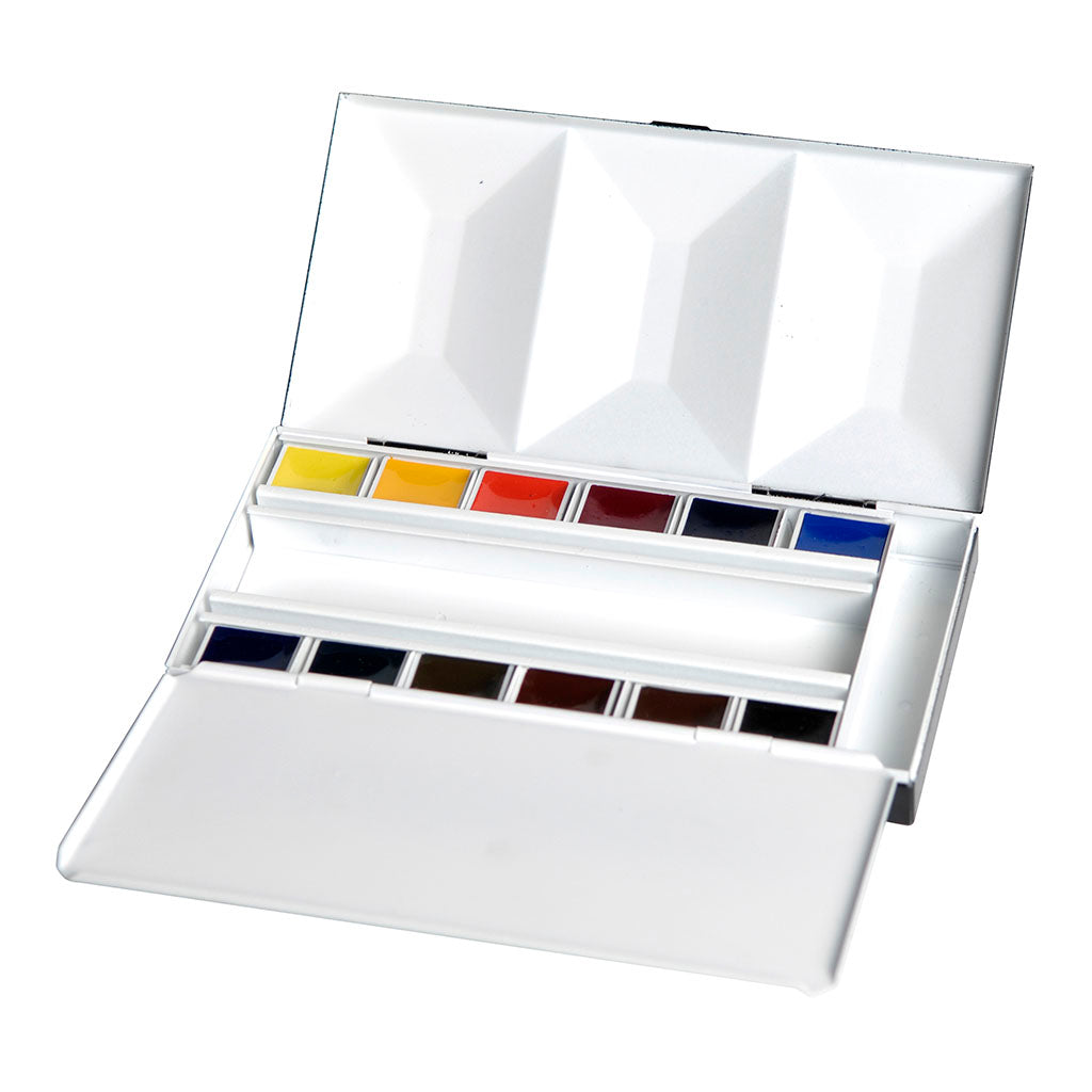 BLOCKX Watercolour Half Pan Bijou Box 12 Set featuring vibrant, light-resistant pigments in a portable, artist-friendly design.