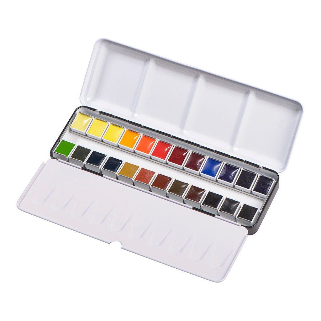 BLOCKX Watercolour Half Pan Metal Box with 24 vibrant, light-resistant pigments ideal for artists of all levels.