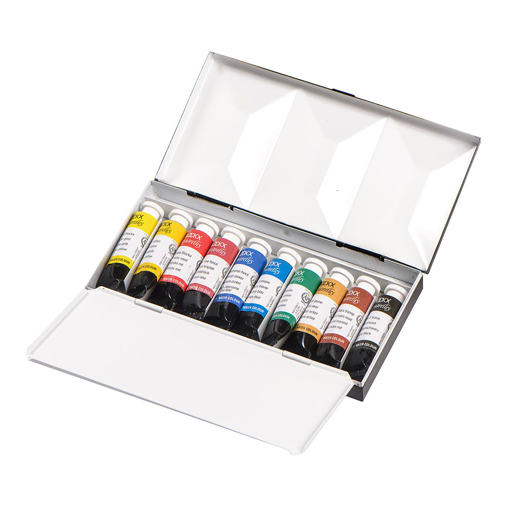 Set of 10 BLOCKX 5ml watercolour tubes in a compact Bijou Box, featuring vibrant, lightfast pigments for artists.