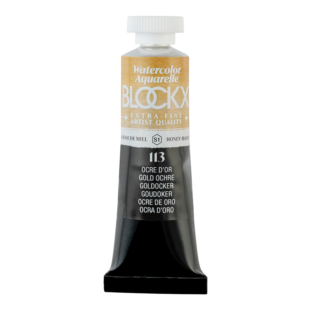 BLOCKX 15ml watercolour tube featuring Golden Ochre, a vibrant, light-resistant pigment ideal for layering and glazing.