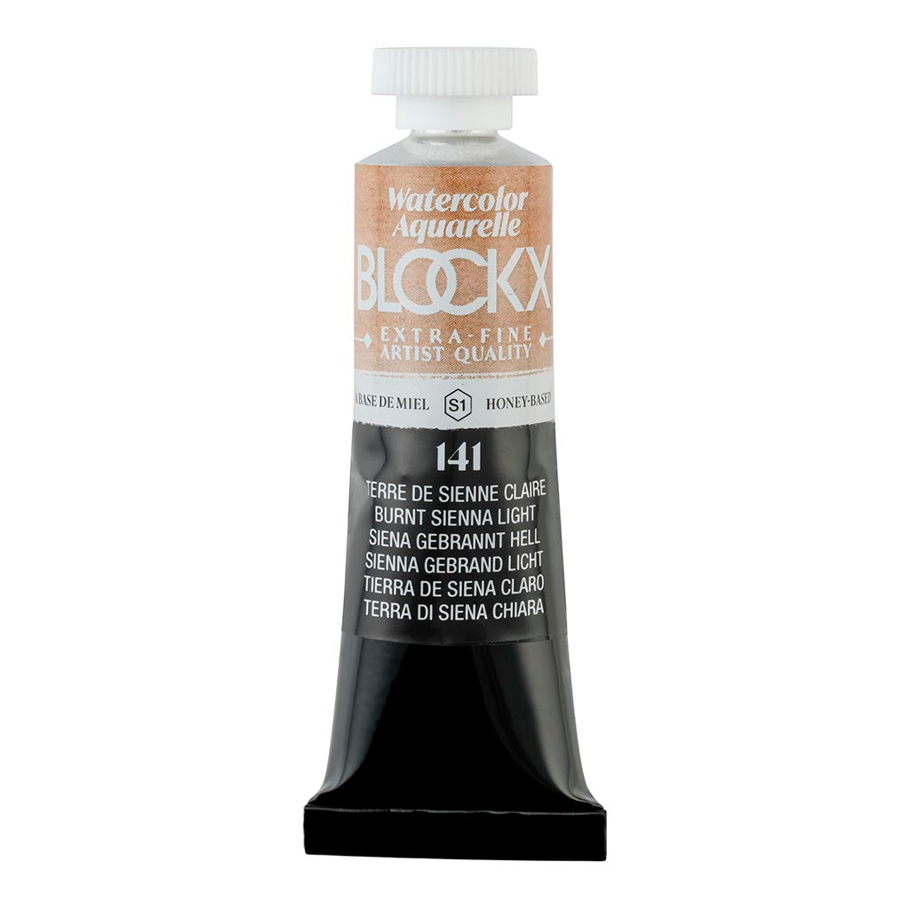 BLOCKX 15ml Watercolour Tube in Light Burnt Sienna, featuring light-resistant pigments for vibrant, warm earth tones.