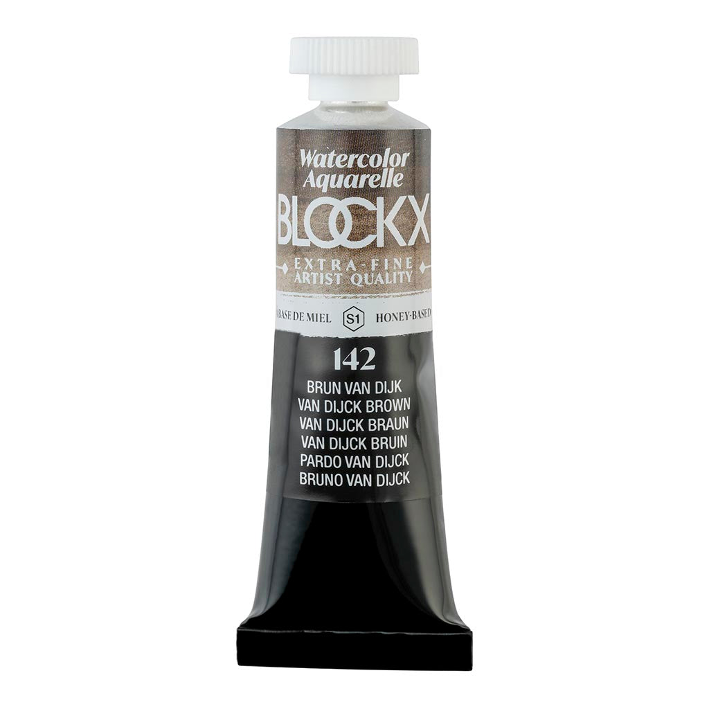 BLOCKX Watercolour Tube 15ml S1 142 Van Dijk Brown, featuring rich tones and light-resistant pigments for vibrant artwork.