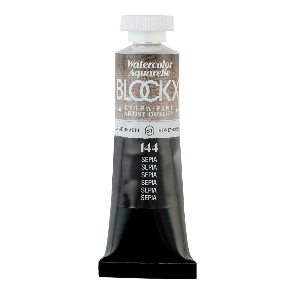 BLOCKX 15ml Watercolour Tube in Sepia (S1 144) showcasing rich, warm tones, crafted with light-resistant pigments.