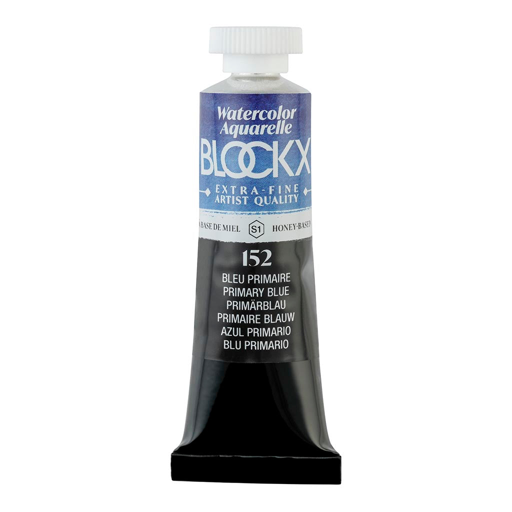 BLOCKX 15ml watercolour tube in Primary Blue (PB15:3), known for its vibrant, light-resistant pigments and smooth application.