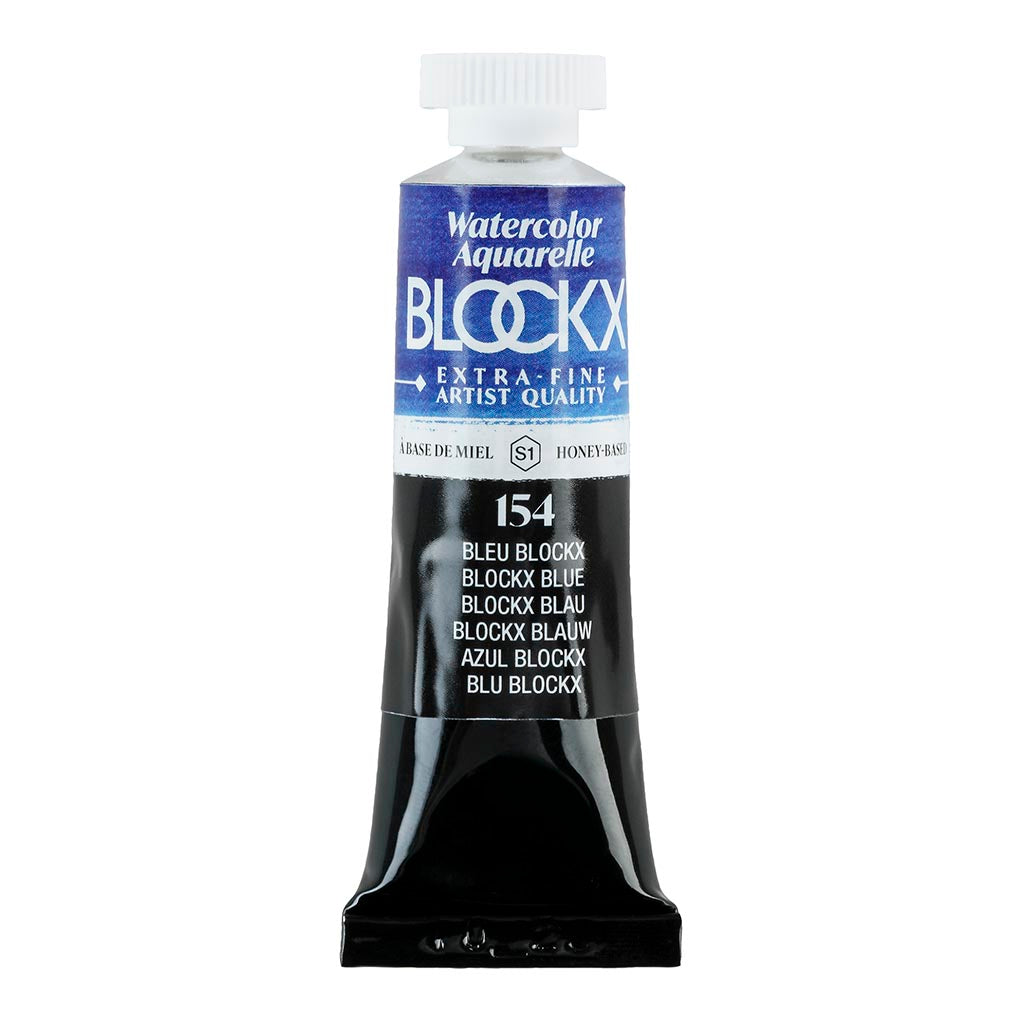15ml tube of BLOCKX Blue watercolour paint, featuring light-resistant pigments and a rich, vibrant hue for artists.