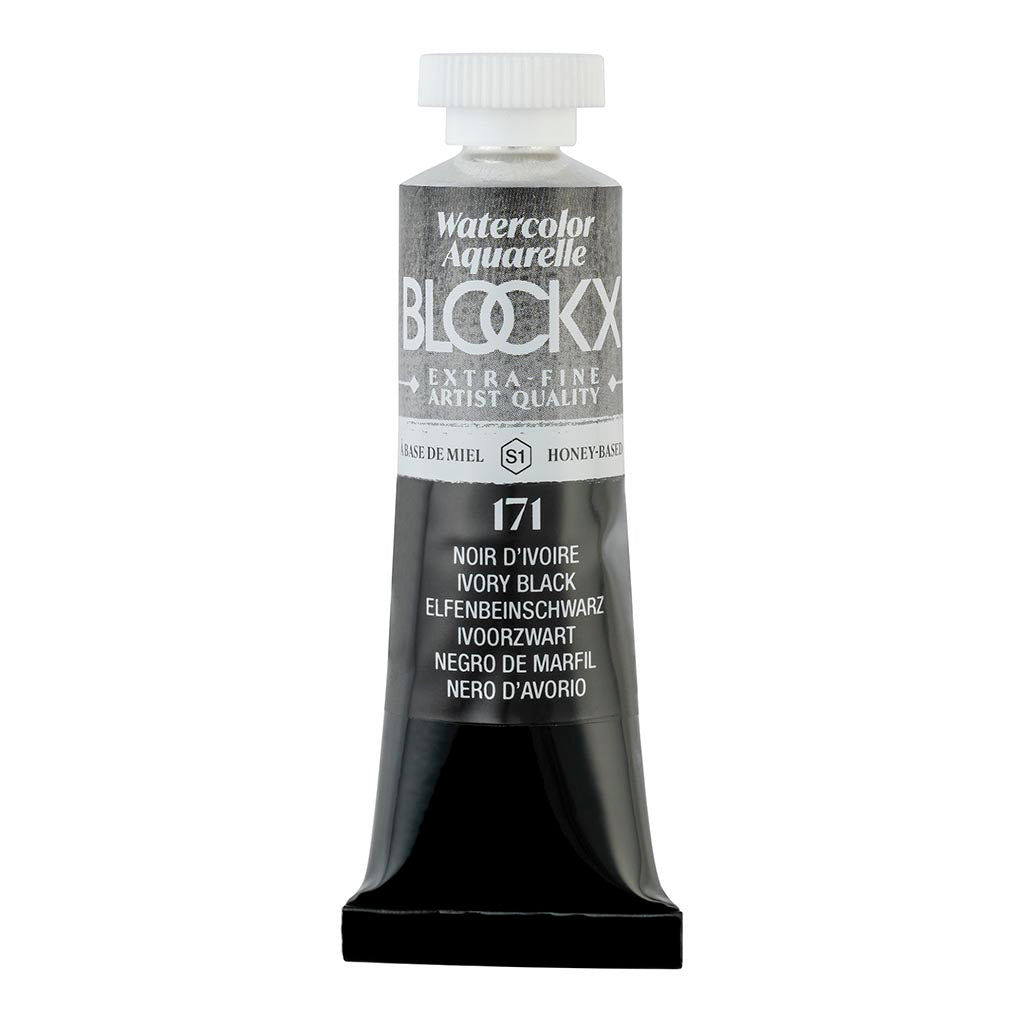 BLOCKX 15ml Ivory Black watercolour tube, featuring rare pigments for vibrant, lightfast artistry and excellent blending.