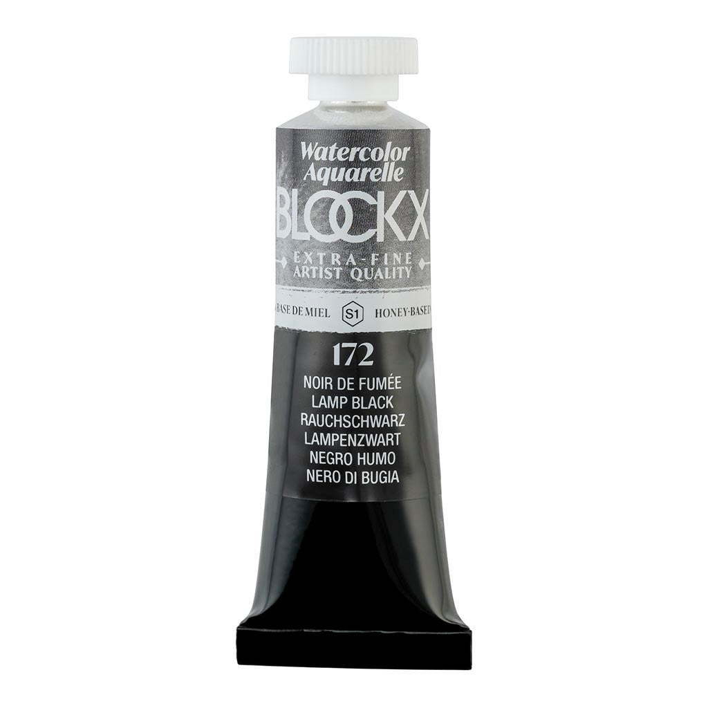 BLOCKX 15ml Lamp Black watercolour tube showcasing deep hue, light-resistant pigments, and vibrant formulation for artists.