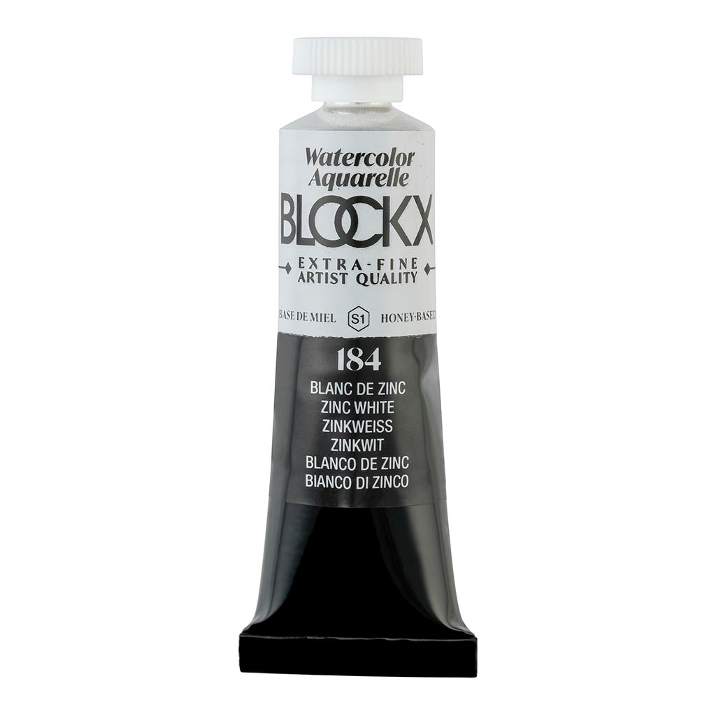 BLOCKX 15ml watercolour tube in Zinc White, featuring light-resistant pigments and perfect for layering in artwork.