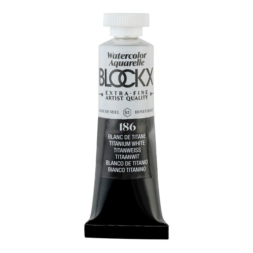 BLOCKX 15ml Titanium White watercolour tube, ideal for mixing and layering, featuring high lightfastness and brilliance.