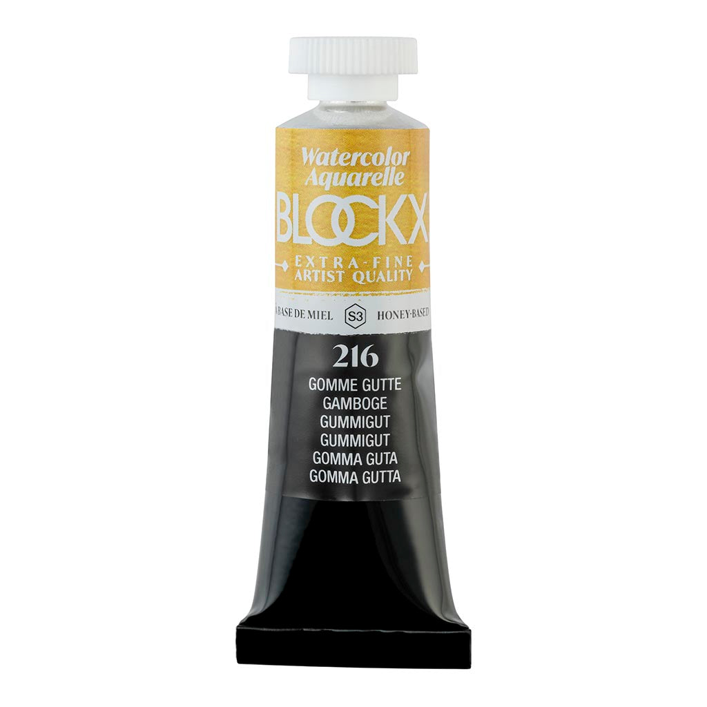 Vibrant 15ml BLOCKX watercolour tube in 216 Gamboge, showcasing a warm, golden-yellow hue ideal for artists.