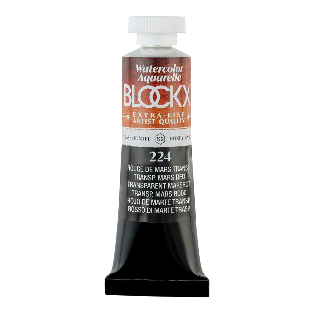 BLOCKX Watercolour Tube 15ml in Transparent Mars Red, showcasing vibrant, light-resistant pigments for stunning artistic effects.