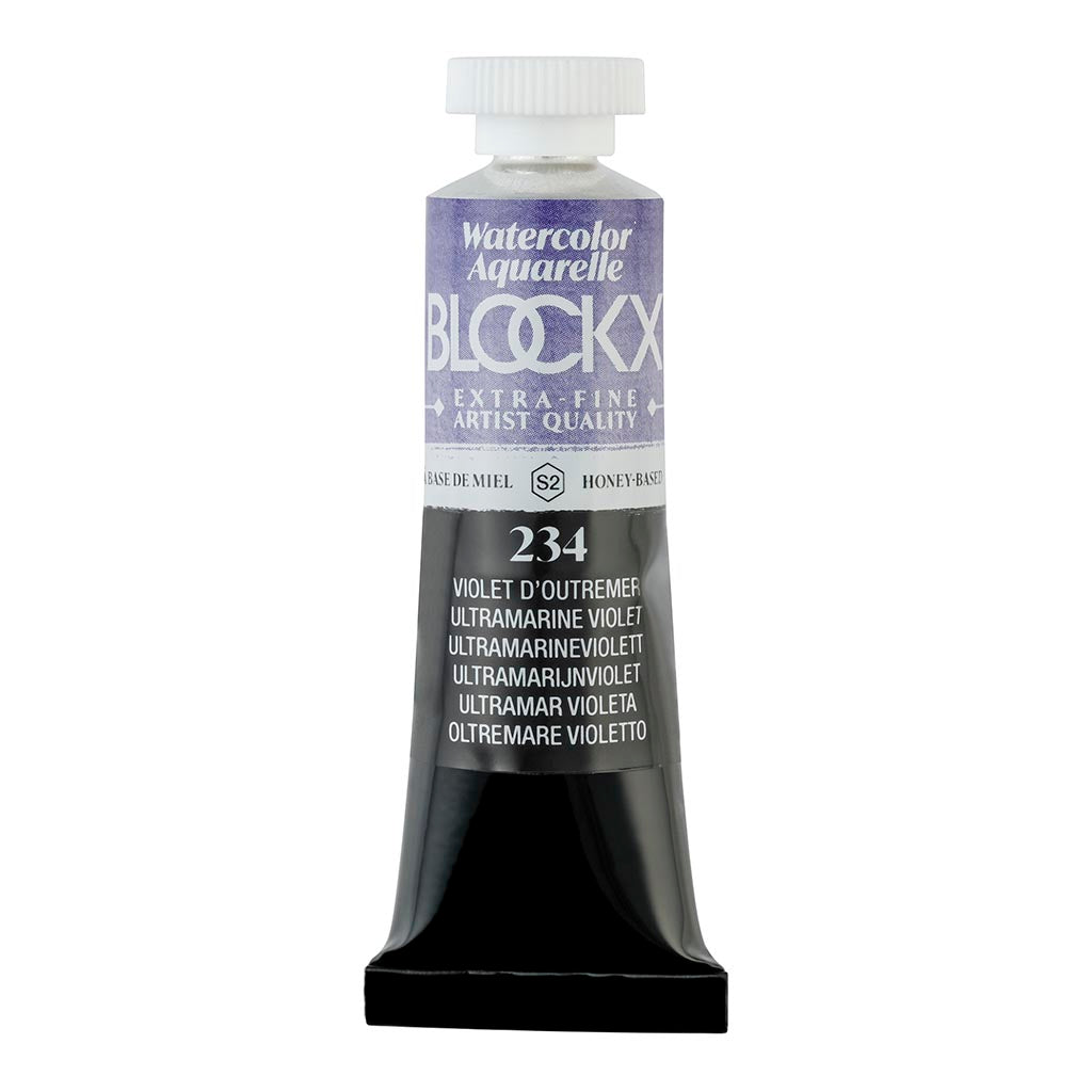 BLOCKX 15ml watercolour tube in Ultramarine Violet, featuring rare light-resistant pigments for vibrant, transparent artwork.