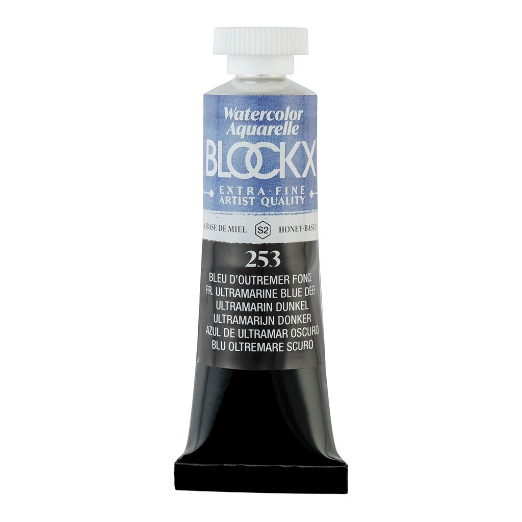 Vibrant 15ml BLOCKX Deep Ultramarine Blue watercolor tube, perfect for rich colors and smooth application in art.