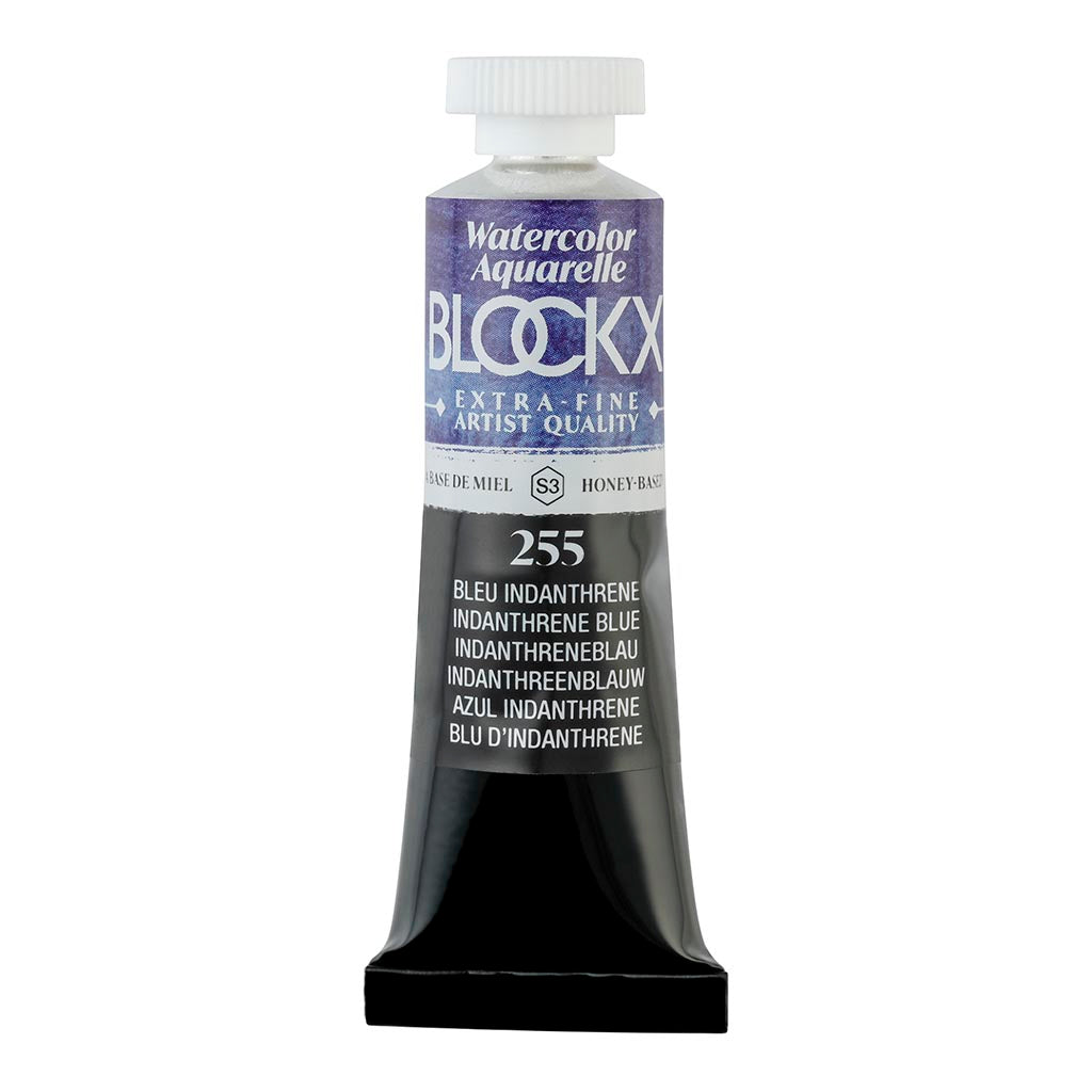 BLOCKX 15ml watercolour tube in S3 255 Indanthrene Blue, featuring vibrant, light-resistant pigments for exceptional artistic depth.