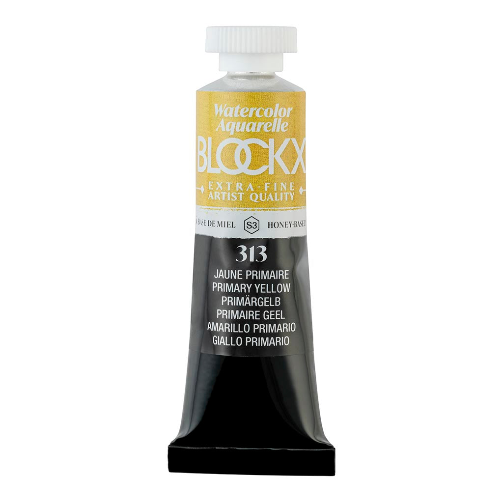 Vibrant BLOCKX 15ml watercolour tube in Primary Yellow, featuring lightfast pigments for stunning watercolor effects.