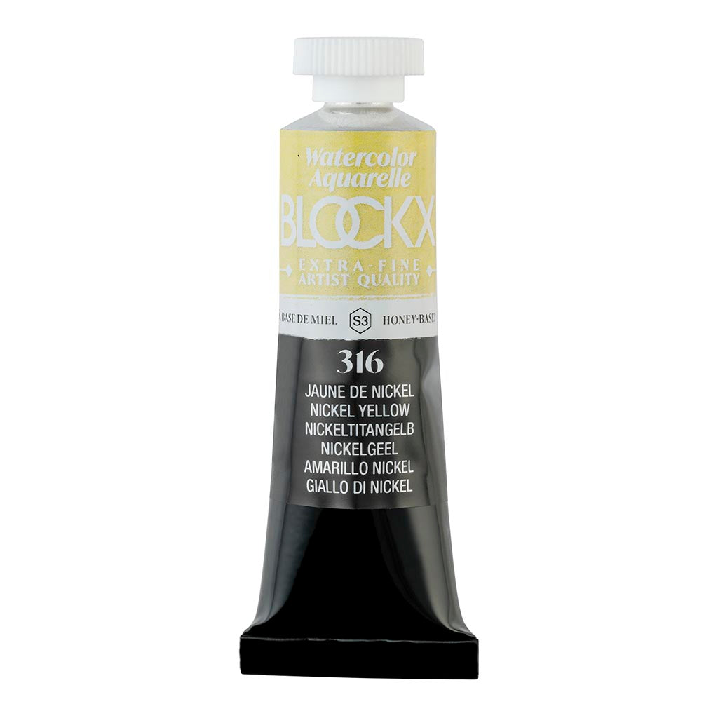 Vibrant 15ml tube of BLOCKX 316 Nickel Yellow watercolour, featuring semi-opaque, light-resistant pigments for artists.