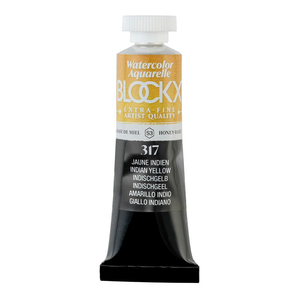BLOCKX 15ml Indian Yellow watercolor tube, featuring vibrant semi-transparent pigment for brilliant artwork.