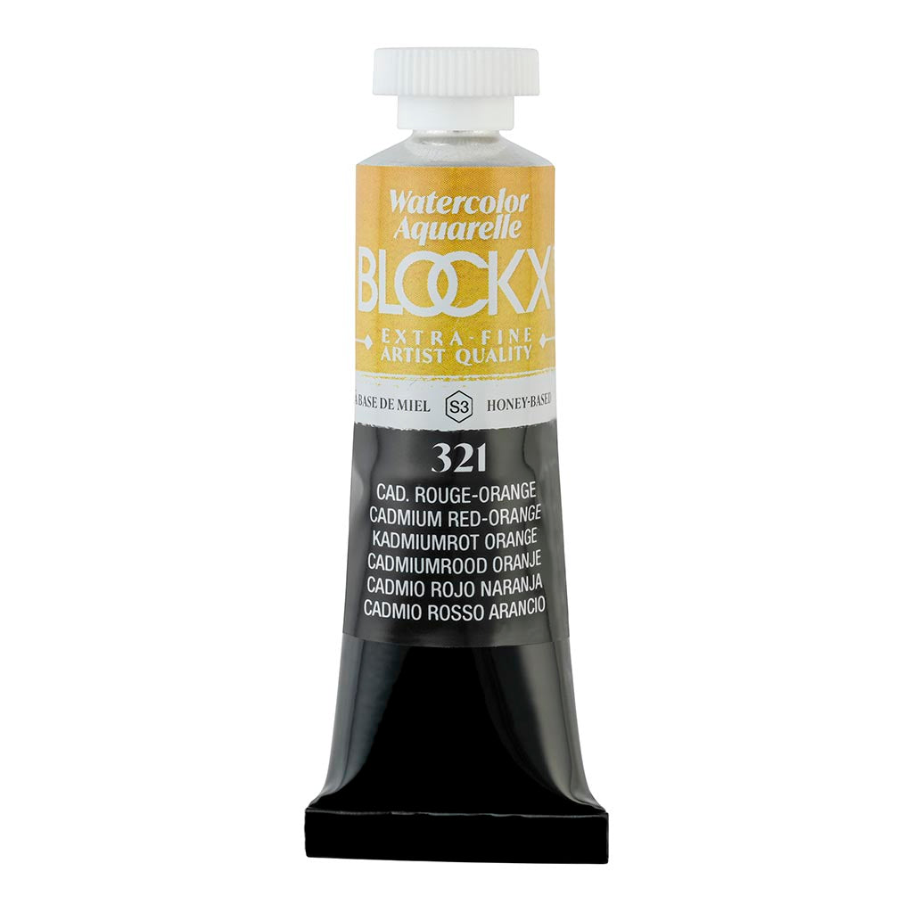 BLOCKX 15ml watercolour tube in Cadmium Red Orange, featuring light-resistant pigments for vibrant, long-lasting art.