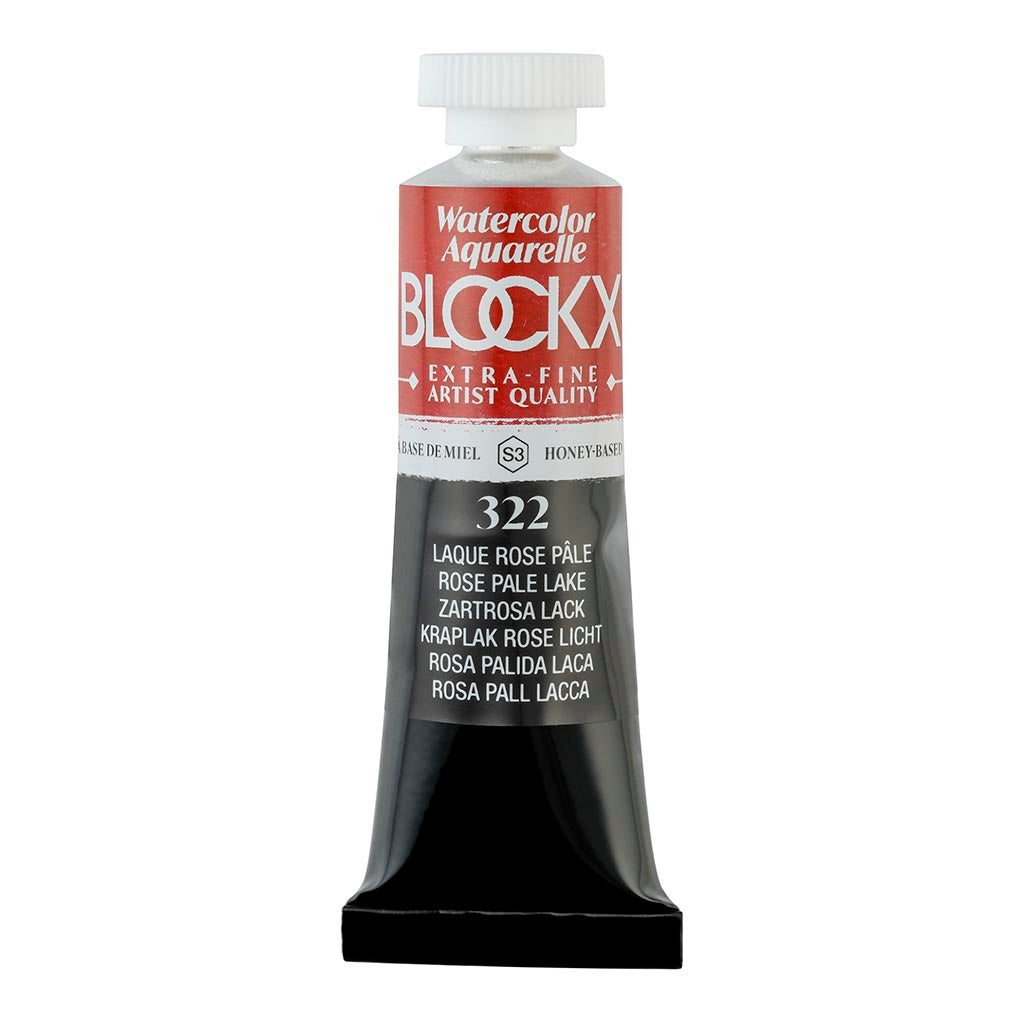 BLOCKX 15ml watercolour tube in Rose Pale Lake (322) featuring light-resistant pigments for vibrant, long-lasting artwork.