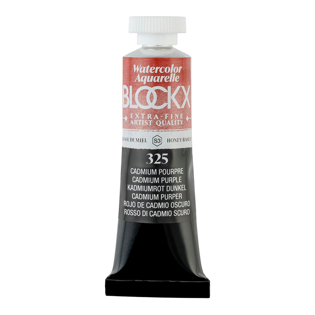 Vibrant 15ml BLOCKX Cadmium Purple watercolour tube, featuring light-resistant pigments for rich, luminous artwork.