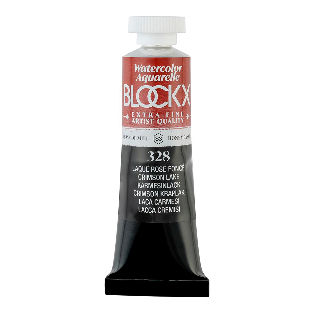 Vibrant 15ml BLOCKX Watercolour tube in S3 328 Crimson Lake, featuring light-resistant, finely ground pigments for artists.